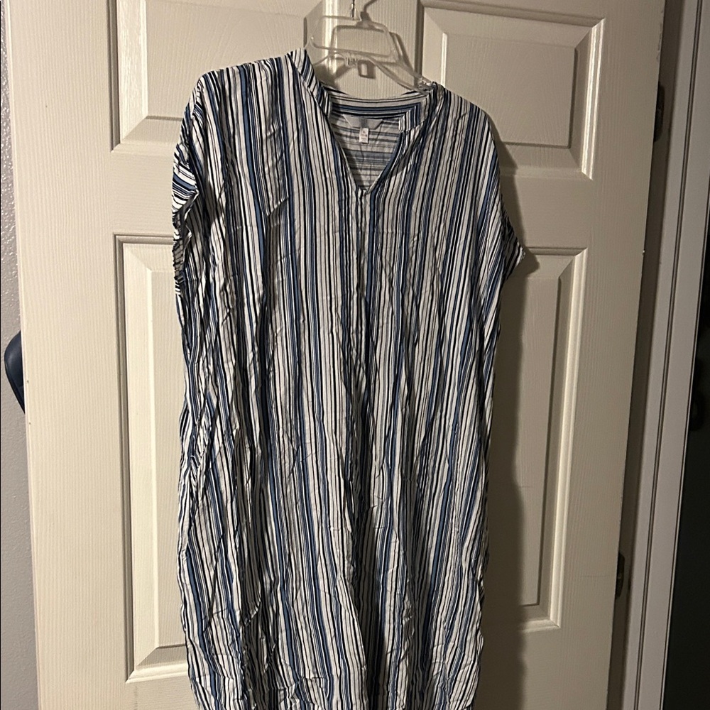 Time and Tru White and Blue Striped V-Neck Short Sleeve Top